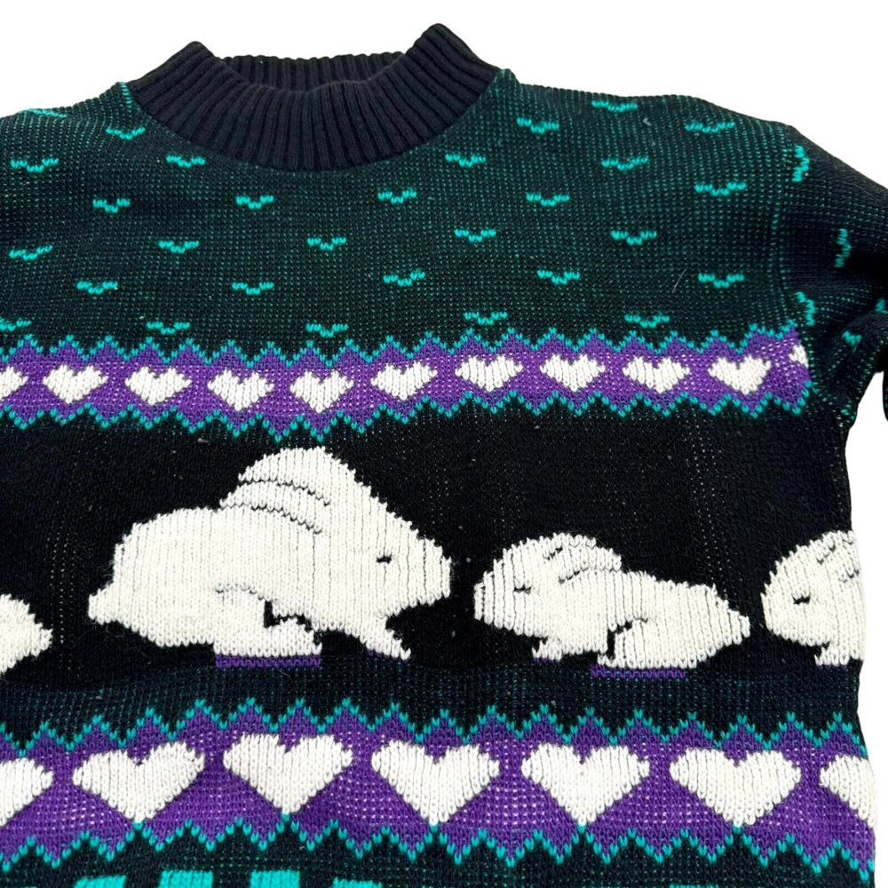 SPUNKY Women's Large Vintage 80's Bunny Rabbit Heart‎ Sweater Black Purple Teal